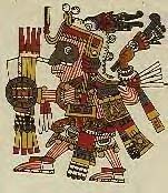 The process of re-unification in both great land masses; the Africa-Asia-Europe land mass and the North America-South America land mass, often was plagued by painful periods of intense discord. This image represents the god of an ancient Mexican Indian nation dressed as a fierce warrior.